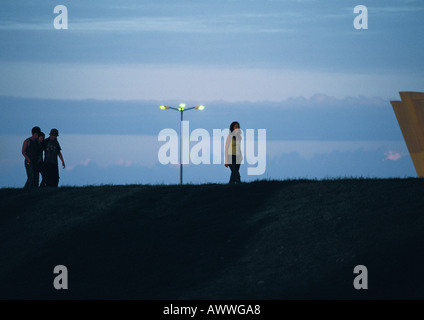 Freunde gehen bei Sonnenuntergang Stockfoto