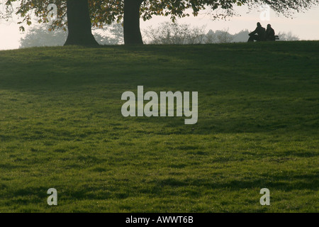 Ein paar sitzt auf einer Bank, Hampstead Heath, London, UK. Stockfoto