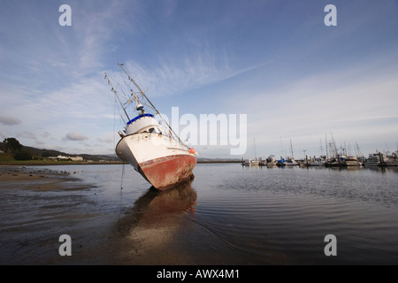 Gestrandeten Fischerboot bei Pillar Point Harbor, Half Moon Bay, San Mateo County, Kalifornien, USA Stockfoto