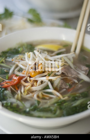 Eine Schüssel mit dampfenden heißen Pho Bo von einem vietnamesischen Restaurant in Kingsland Road, Hackney, Ostlondon. Stockfoto