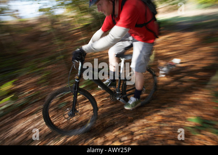 Hund jagt Mann mit Mountainbike durch den Wald, Bewegungsunschärfe Stockfoto