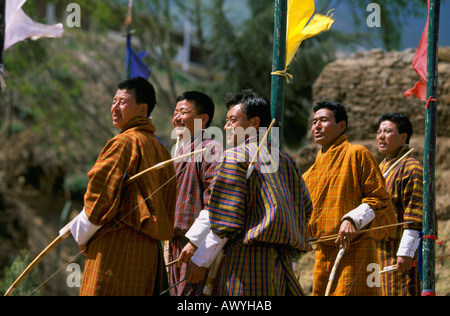 Bogenschießen im Changlimithang (National) Stadion in Thimphu, Bhutan Stockfoto