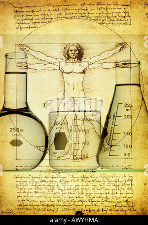 Skizzieren Sie chemische Fläschchen über ein Poster von der vitruvianische Mensch von Leonardo da Vinci Stockfoto