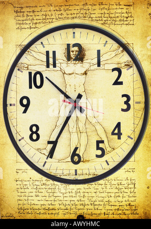 Skizzieren Sie eine Wanduhr über ein Poster von der vitruvianische Mensch von Leonardo da Vinci Stockfoto