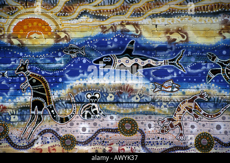 Kunst der australischen Aborigines gemalt auf städtischen Brick Wall von Danny und Jamie Eastwood Stockfoto