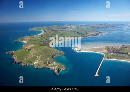 Taiaroa Head Otago Halbinsel Otago Hafeneinfahrt und Aramoana Dunedin Neuseeland Südinsel Antenne Stockfoto