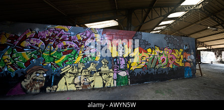 Graffiti in einer Industriebrache in Vichy (Frankreich) entfernt.  Vue Panoramique d ' un Graffiti Dans Une Usine Désaffectée de Vichy. Stockfoto