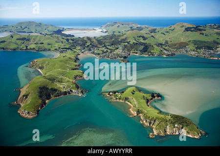 Portobello Halbinsel Otago Peninsula und Quarantäne Insel Otago Harbour Dunedin Neuseeland Südinsel Antenne Stockfoto