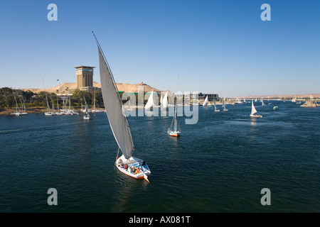 Feluke Boote Segeln auf dem Nil vor Hotel Oberoi in Aswan Oberägypten Nordafrika, Naher Osten Stockfoto