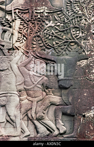 Schnitzereien an den Außenwänden der Bayon, die Szenen von täglich Leben und Ritual Angkor Thom, Bayon neben Angkor Wat Kambodscha Stockfoto