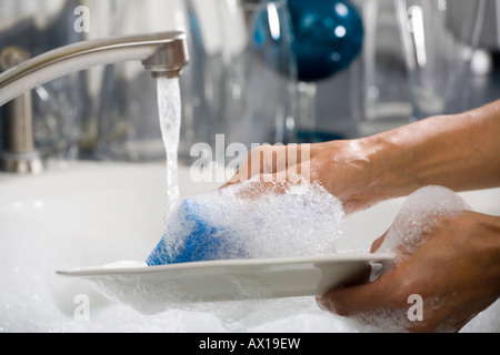 Hände waschen eine Platte Stockfoto