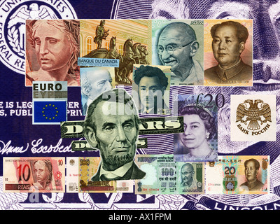 BRIC- und G8-Wirtschaft, vertreten durch Details aus ihrer Banknoten Stockfoto