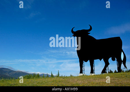 Osborne-Stier, dem inoffiziellen Nationalsymbol Spaniens, dominieren die Landschaft, Spanien. Stockfoto