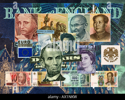BRIC- und G8-Wirtschaft, vertreten durch Details aus ihrer Banknoten Stockfoto