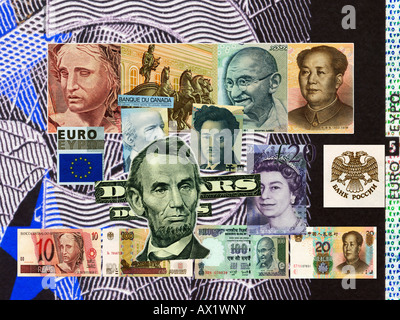 BRIC- und G8-Wirtschaft, vertreten durch Details aus ihrer Banknoten Stockfoto