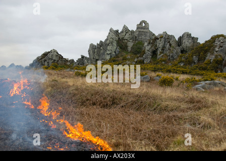 Feuerwehrleute, die Bewältigung einer Bürste Feuer im historischen Roche Rock, St Austell, Cornwall. Stockfoto