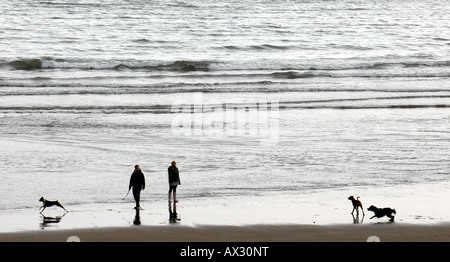 DOG WALK WANDERER AN EINEM ABEND STRAND BEI BIGBURY AM MEER, DEVON, UK. Stockfoto