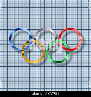 Olympische Ringe wirft einen subtilen Schatten auf Millimeter, Zoll oder Zentimeter Ausarbeitung Stil Papierhintergrund Stockfoto