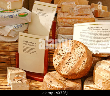 Markt-Stall-Anzeige der Taleggio und Ricotta Käse aus Italien Sardina Stockfoto