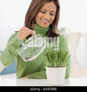 Indische Frau Bewässerung Topfpflanze Stockfoto