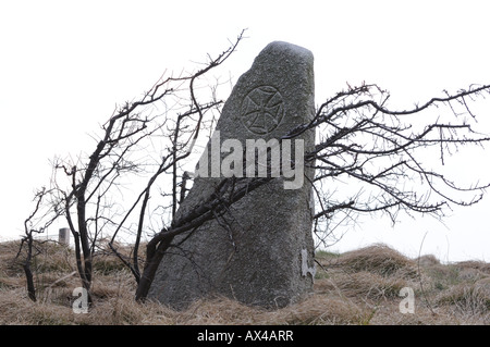 Eine Jahrhunderte alte Pilger, den Stein mit einem Kreuz Arcs eingeschrieben ist oben auf der Irish Hunger Memorial in Battery Park City. Stockfoto