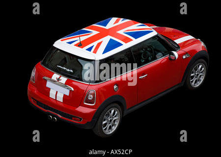 Ein Exemplar eines Austin Mini Cooper S-Boliden mit den englischen Farben. Spécimen d'Austin Mini Cooper S Aux Couleurs Anglaises. Stockfoto