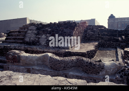 Schlange-Skulptur und Ruinen des Templo Mayor oder große Pyramide von Tenochtitlan, Mexiko-Stadt Stockfoto