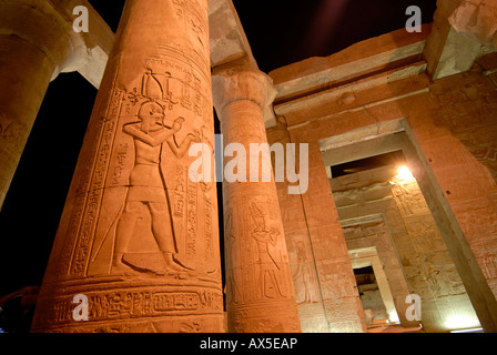 Kom Ombo Tempel bei Nacht, Hieroglyphen, Ägypten, Nordafrika Stockfoto