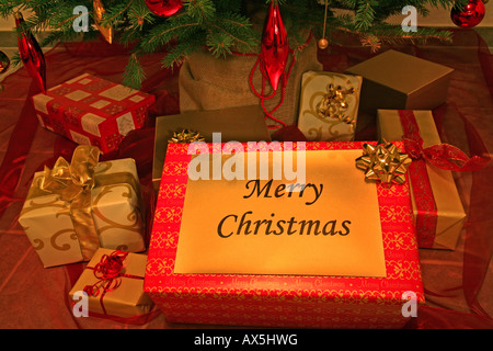 Geschmückter Weihnachtsbaum mit Kerzen und Porzellan Ornamente, präsentiert unter dem Baum Stockfoto