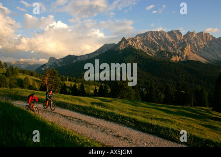 Weibliche Mountainbiker Radfahren durch Karerpass, Mt. Latemar im Hintergrund, Dolomiten, Nord-Italien, Europa Stockfoto
