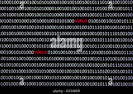 Computer-Virus, "Virus" in rot zwischen Bit Codierung in einem Computer-Datenstrom geschrieben Stockfoto