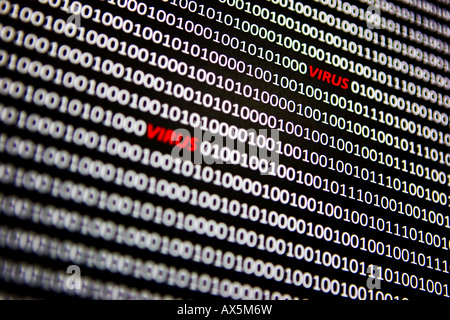 Computer-Virus, "Virus" in rot zwischen Bit Codierung in einem Computer-Datenstrom geschrieben Stockfoto