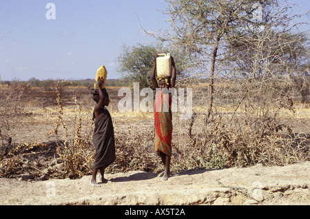 In der Nähe von Dodoma, Tansania. Junge Mädchen tragen von Wasser auf ihren Köpfen in ariden Trockensavanne Grünland. Stockfoto