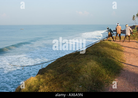 Männer ziehen in Fischernetze am Strand von Varkala Indien Stockfoto