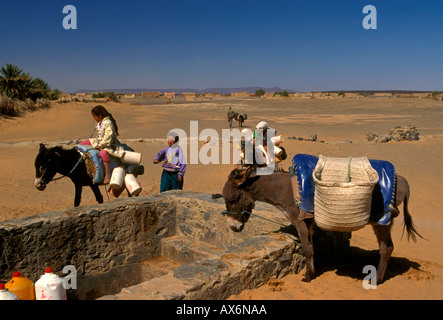 Marokkaner, Berber, Mädchen Wasserholen aus gut, Stadt Merzouga, Merzouga, Errachidia Provinz, Marokko, Afrika Stockfoto