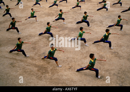 Chinesisches Kung Fu Schüler üben synchronisiert der Ta Gou-Akademie in Henan Provinz Shaolin Kung fu Stockfoto