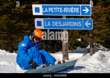 Snowboarden im Skigebiet Le Massif, Region von Charlevoix, Kanada Stockfoto