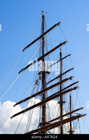 Traditionelle Segel Schiff Mast mit Rig der Großsegler angedockt in Stockholm Stockfoto