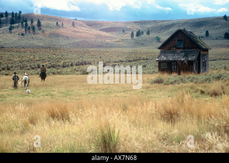 Kabine in der hohen Wüste von Oregon mit Cowboys und Pferde, die zu Fuß in das Feld Stockfoto