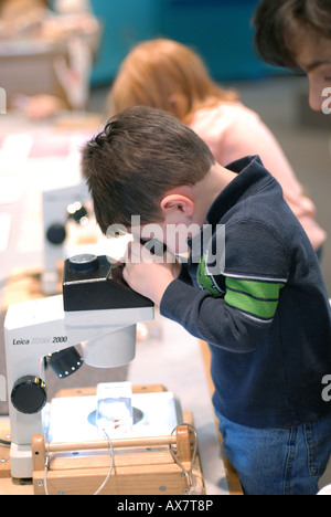 Hispanische Mutter und 2 1/2 Jahre alten Sohn an das Museum of Science, Boston MA - interaktive Kinderbereich, sieht junge Folien Stockfoto