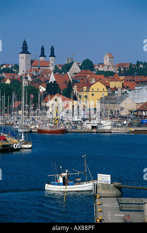 Blick über den Hafen auf die Altstadt mit Dom Sankta Maria, Visby, Gotland, Schweden, Europa Stockfoto