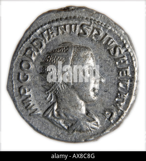 Römische Silbermünze. Antonianus von Gordian III - (Reverse: Aequitas hält Waage und Füllhorn) Stockfoto