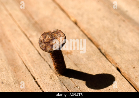 Rostigen Nagel in einem alten verfallenen Stück Holz Stockfoto