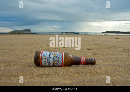 Budweiser Bierflasche gespült an einem Strand in North Berwick, Scotland (wie gefunden) Stockfoto