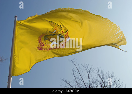 auf dem Gelände des Tempels, die gelbe Flagge des thailändischen Buddhismus, Dharma-Rad-Flagge, Wellen in einer Brise Stockfoto