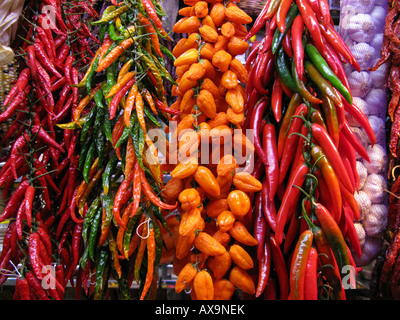 Hot Chilie Paprika und anderen Gewürzen auf Verkauf im Markt von Barcelona Stockfoto