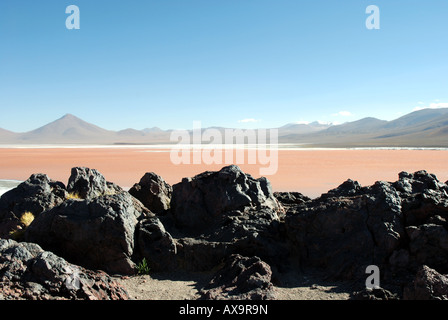 Felsen am Ufer der Laguna Colorada im Eduardo Avaroa Anden Fauna Nationalreservat, Bolivien, Südamerika Stockfoto