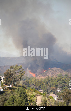 Buschfeuer in Hügeln von Orange, Kalifornien bedrohen Häuser. Stockfoto