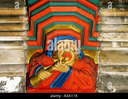 Beverley Yorkshire St. Marys Church, Musiker, Stein mittelalterlichen Carving Abbildung Wind Musikinstrument Musiker Musizieren Stockfoto