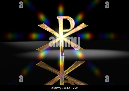 Goldene Rendering einer christlichen Pax Christi Sign mit einer Regenbogen-Lens Flare. Schwarzer Hintergrund. Stockfoto